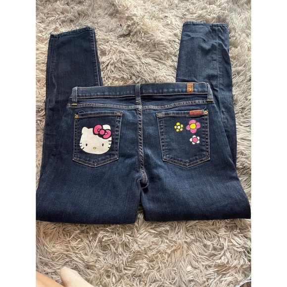 7 For All Mankind Womens Jeans 30 Dark Wash Slim Cigarette OOAK Hello Kitty Y2K - Picture 1 of 4